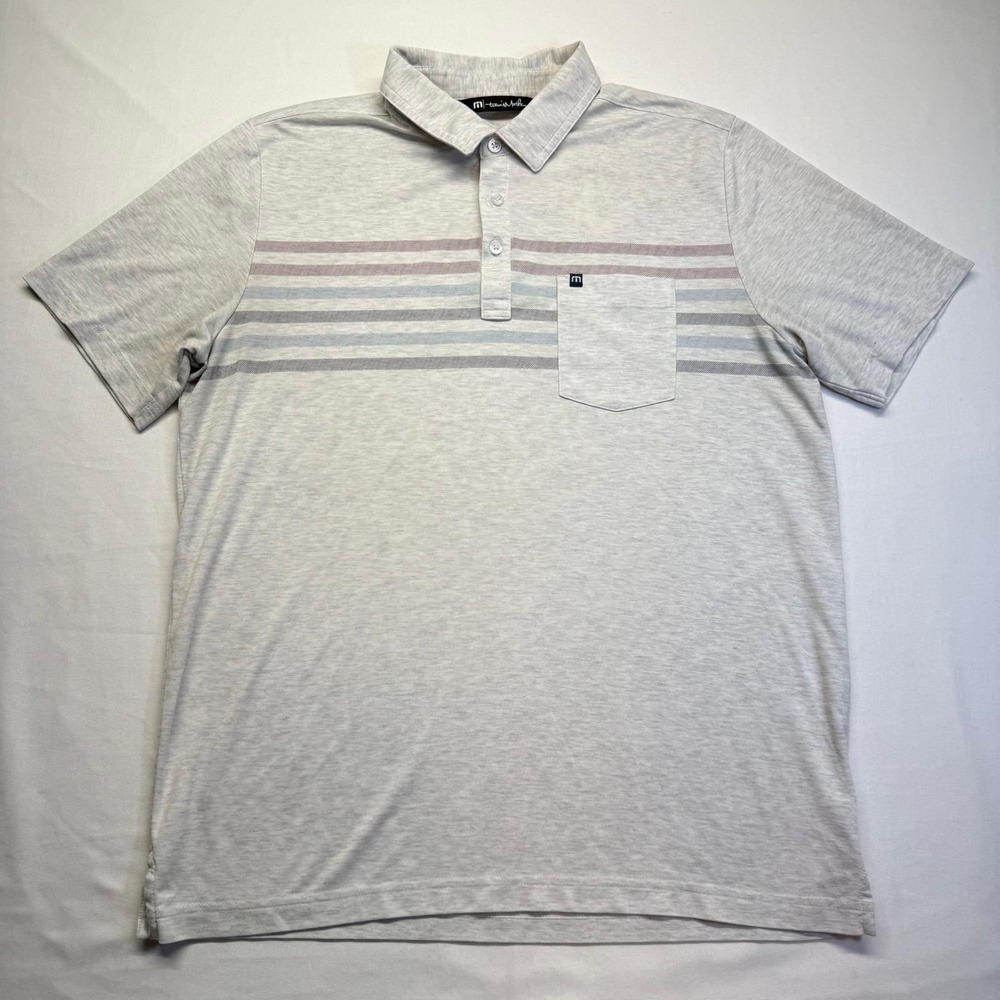 TravisMathew Polo Shirt Men's Medium Heather Gray Stripe Pima Cotton‎ Golf Polo